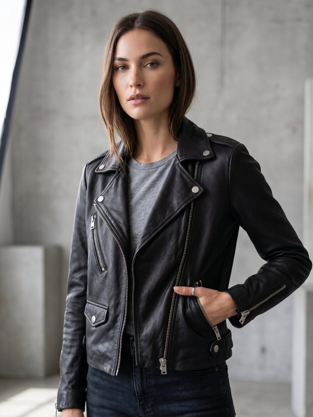 Black Leather Moto Jacket - Women